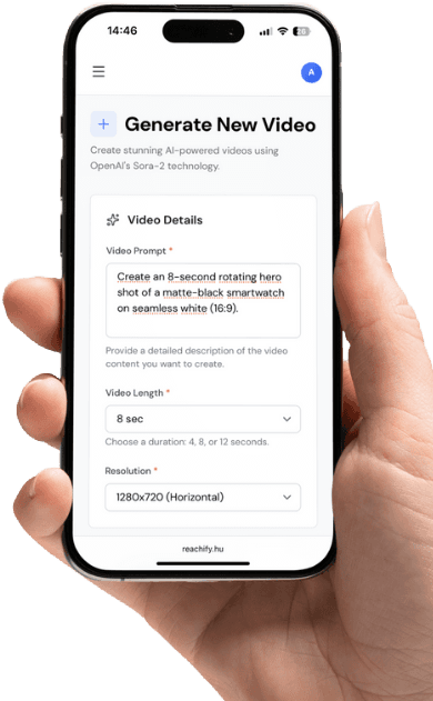 REACHIFY mobile app interface showing AI video generation workflow with intuitive 3-step process